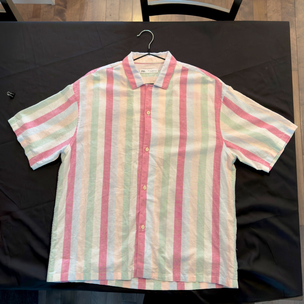 ZARA Men’s Featherweight Linen Blend Striped Shirt - Pastel Sunset Colors, Beach